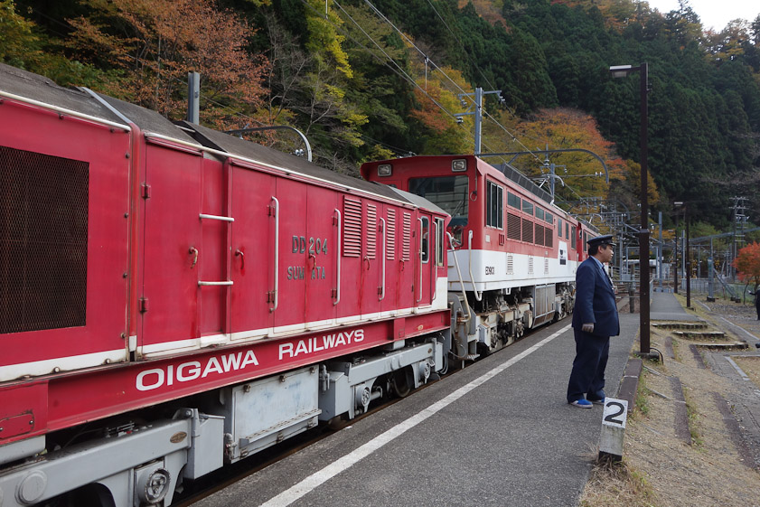 The Abt engine joins the rear of our train in Abt-Nagashima Station to push us up the 9% grade.