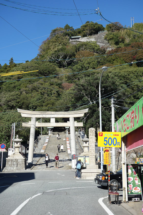 See that green roof at the top? That's only part way up to the shrine. I think the two white poles at top right are a temporary ropeway to move construction material up to the bottom of the shrine.