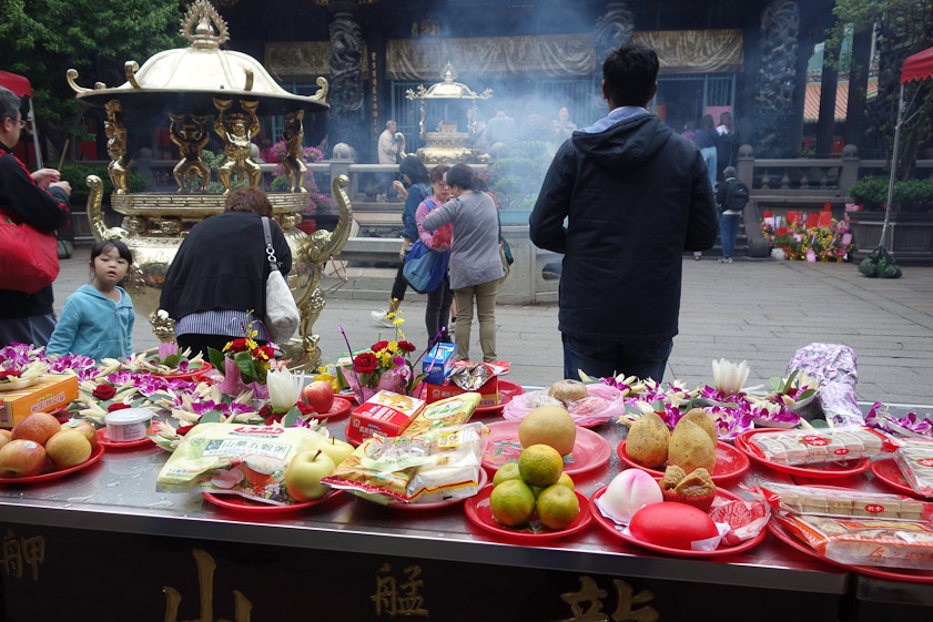 Food is sold to offer to the gods of the temple.