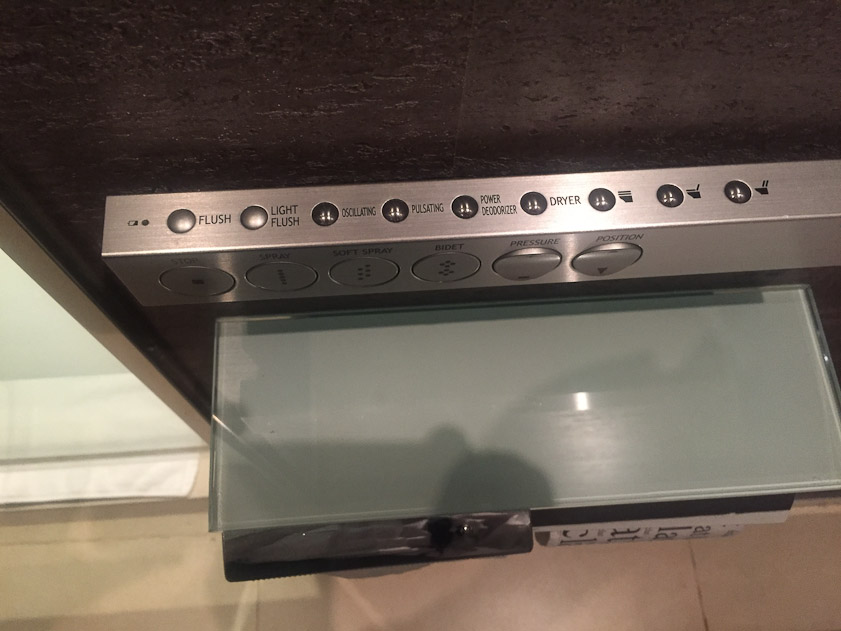 Control panel of the toilet in the Eclat Hotel: Flush, Light flush, Oscillating wash, Pulsating wash, Position of wash, Pressure of wash, Bidet, Spray, Soft spray, Stop spray, Power deodorizer, Dryer, Close lid,