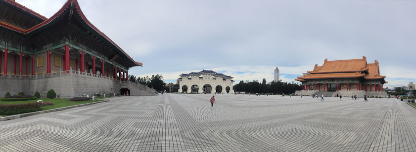 The gate to the park faces the Memorial, with the Theater to the left and the Concert hall to the right.