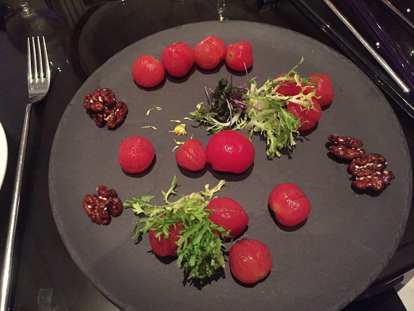 My appetizer at Yen, a glitzy restaurant on top of W Taipei, a Marriott hotel. Those are peeled, almost frozen cherry tomatoes and candied walnuts. Not very impressive as gourmet food!