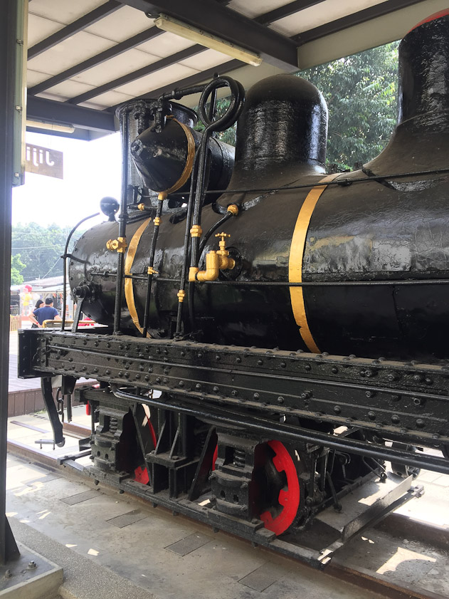 The boiler is offset to the left by the steam cylinders and the large brake air tank mounted on the right side.