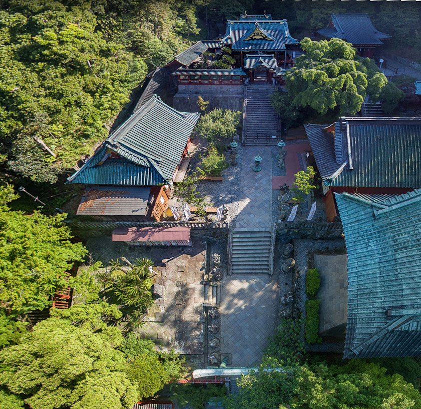 This is a mosaic of images captured by a drone hovering over the torii in the previous picture. The drum tower is at lower right, the main shrine building at the top.