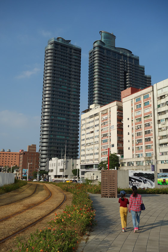 The towers near our hotel, with the light rail line in the foreground.