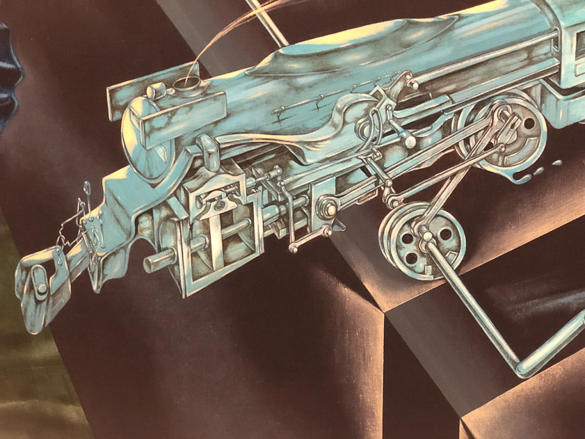 The locomotive has an exagerated front coupling