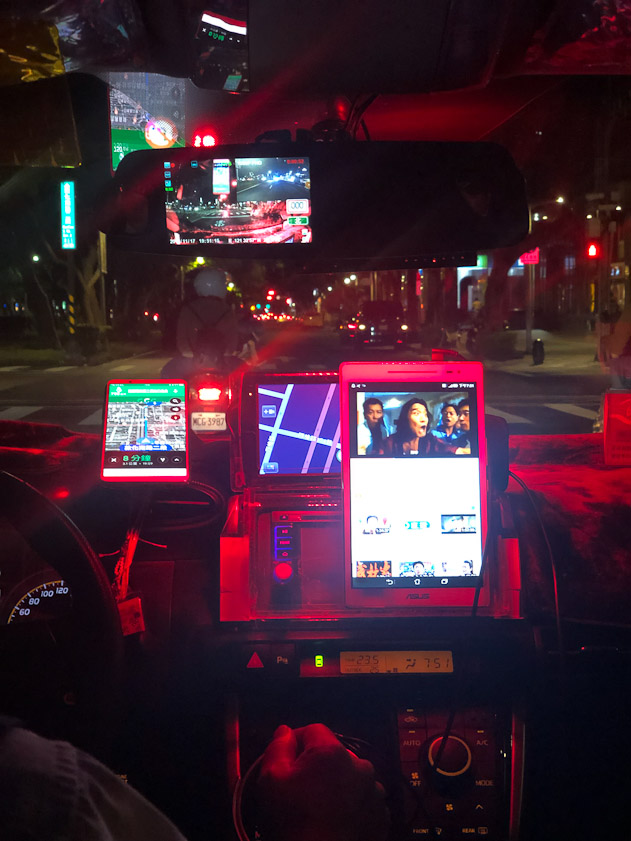 Our taxi to dinner had an array of four video displays to inform and entertain the driver.