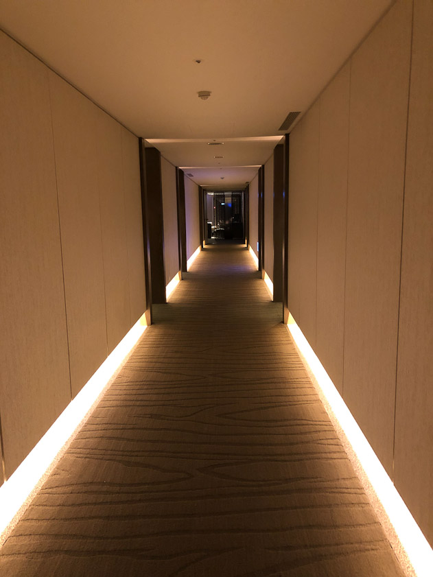 Very elegant and spare corridor leading from our room to the elevators.
