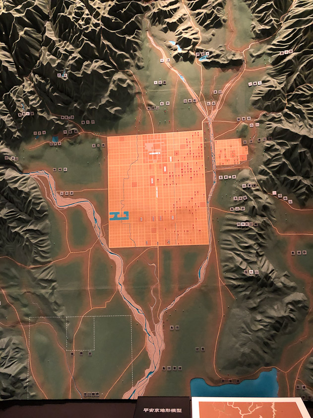 On another day we visited the National Museum of Japanese History near Narita. This model sows Heian-kyo, the predecessor of Kyoto, between the Katsura River on the left and the Kamo on the right. The junction of the Kamo and the Takano is near the northeast corner of Heian-kyo.