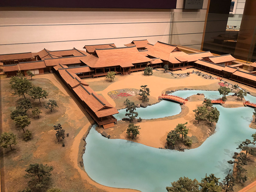 This model shows a typical palace in Heian Japan (9-12c). The style is called shinden--zukuri.