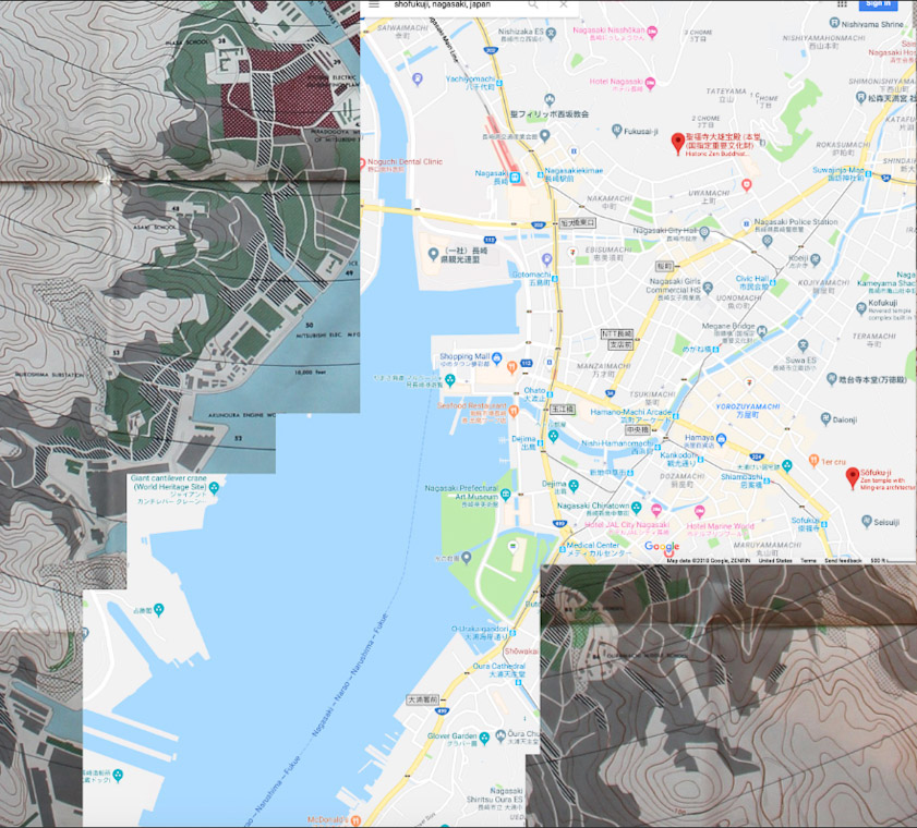 A Google 2018 map superimposed on the 1945 map. Switch back and forth with the previous slide to see that much of the right bank is new fill since 1945.