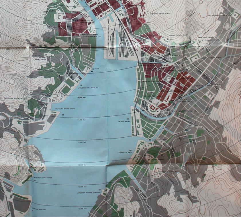The central part of Nagasaki harbor in the 1945 damage map. Note that the river at the middle that divides into rwo to make Dejima an island was altered postwar to eliminate the southern shoreline.