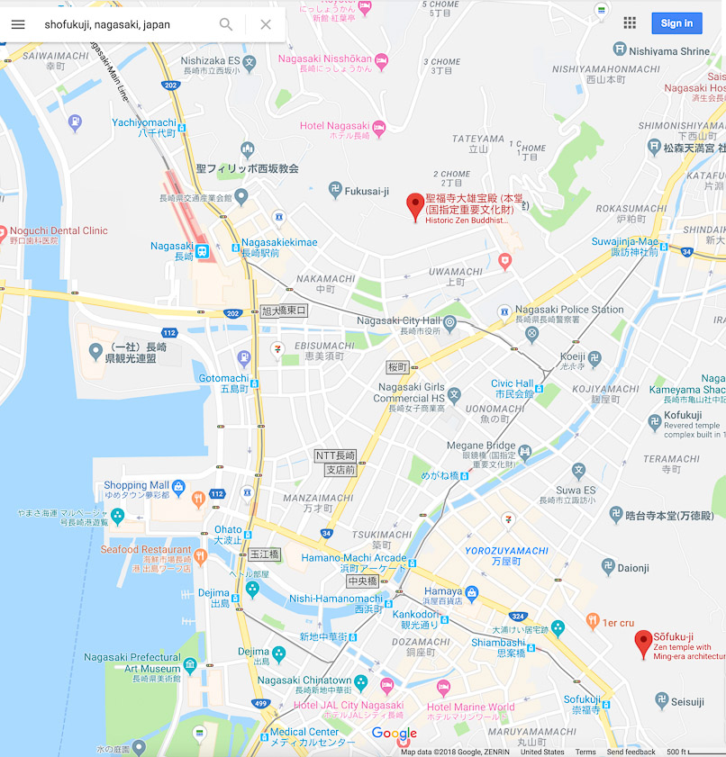 This map shows the railway station where our hotel was; Fukusaiji and Shofukujil to the east; and Sofukuji in the southeast corner. Dejima is in the lower left corner, Glover Garden further sourth.