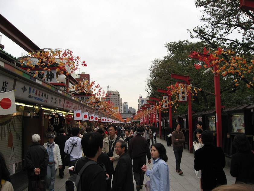 The Nakamise is a street lined with shops. It extends from the Takarazumon to the Kaminari Gate.