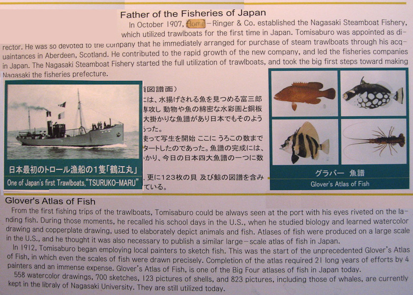 Glover's son Tomisaburo Glover commissioned a fish atlas that took 4 artists 21 years to produce, with 558 watercolor drawings, 700 sketches, 1123 pictures of shells, and 823 pictures.