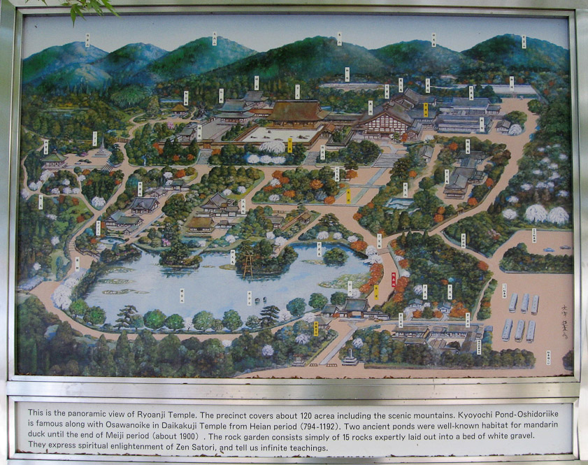 Ryoanji is famous both for its extensive strolling garden and the Zen dry garden near the hojo of 15 stones in a field of raked white gravel.