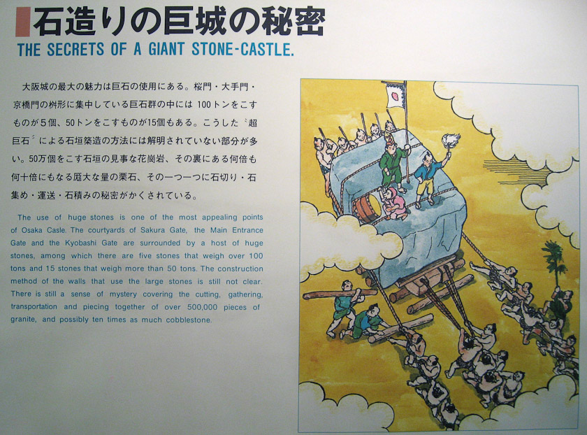 The methods used to cut, transport and place the giant stones used in Osaka Castle are still uncertain. There are 5 stones weighing more than 100 tons and 15 over 50 tons.
