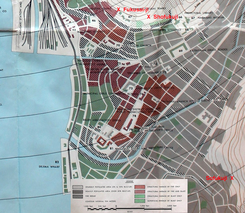 I've marked the three old temples we visited on this portion of a map of atomic bomb damage from the US Strategic Bombing Survey. Blast damage is marked in green, fire and fire+blast damage is red. Fukusaiji was at the corner of a damaged area; Shofukuji and Sofukuji were not damaged. Fukusaiji was 8,000 feet from ground zero and Sofukuji was 13,000 feet from zero.
