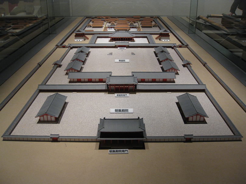 The Naniwa Palace was a block from the present museum in  645-655. The capital moved later to Asuka, then to Nara, and then to Kyoto, where it remained for a thousand years.
Both Naniwa and Heijo were built to Chinese (Tang era) models.