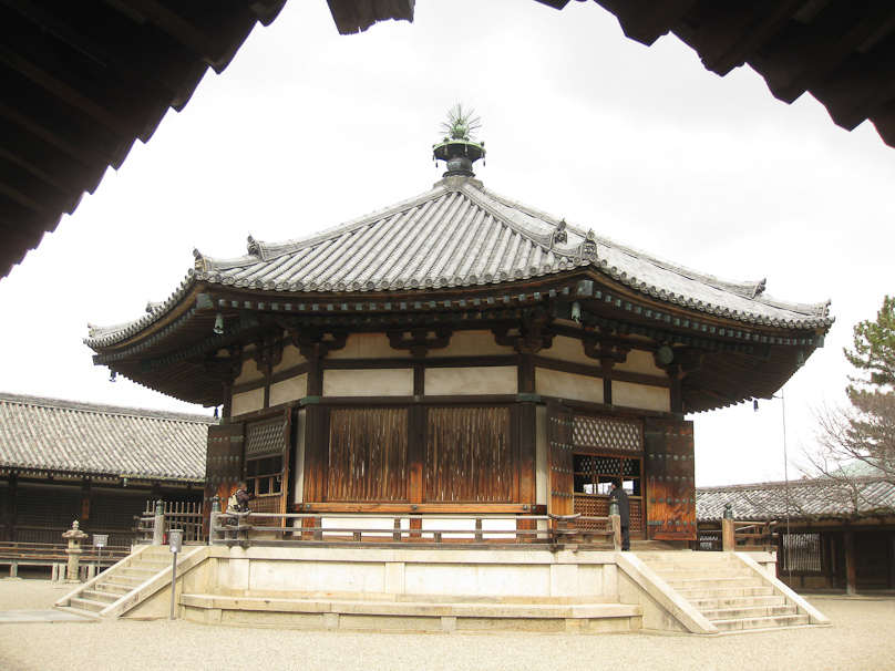 The Yumedono (Hall of Dreams) next to Horyuji. It is built on the site of the palace of Prince Shotoku (572-622), the great early sponsor of Buddhism in Japan and builder of Horyu-ji. This was built in 739 to assuage the Prince's spirit