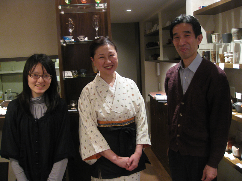 The proprietors of Tachibana in Nara, and one of their customers who was our waitress at the Nara Hotel. We bought three cups at Tachibana.