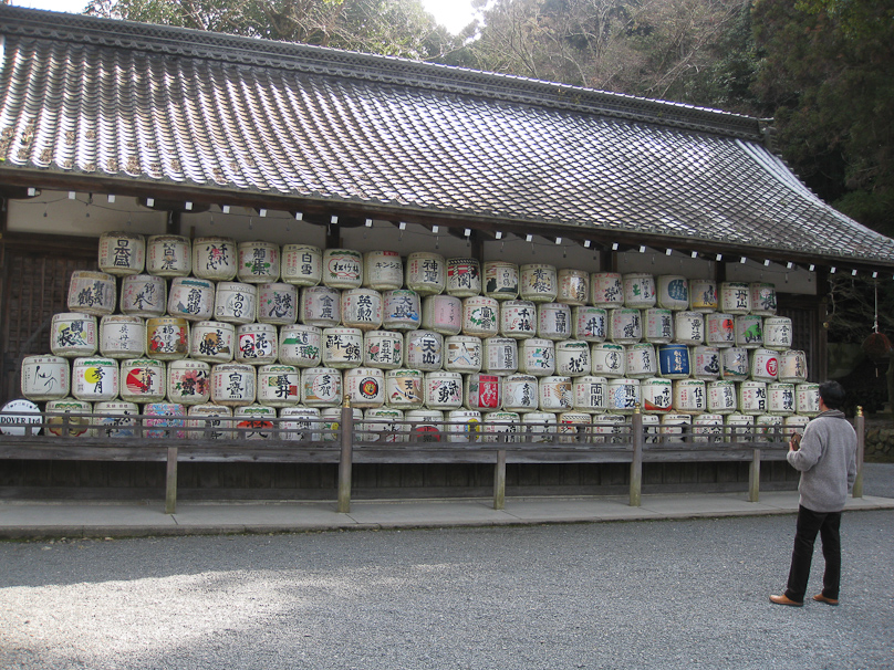Sake barrels at Matsuo Taisha shrine. There is a spring here with reputedly restorative powers, and the shrine has been adopted by sake and miso companies for good fortune.