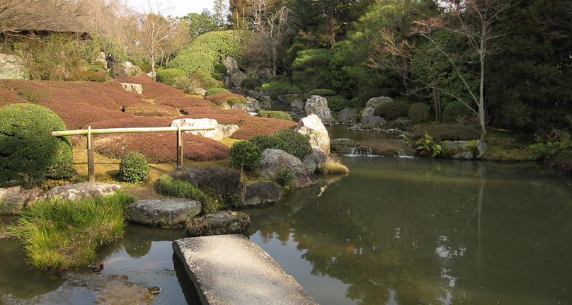 Myoshin-in temple garden. Mayumi got out her flute and played to the carp here.