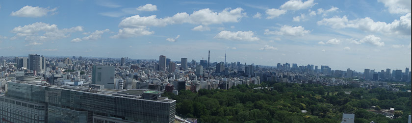 The view from our room on the 26th floor of the Century Sourthern Tower Hotel in Shinjuku. The Shinjuku train station is out of view to the left. The trees are a large park, Shinjuku Gyoen.