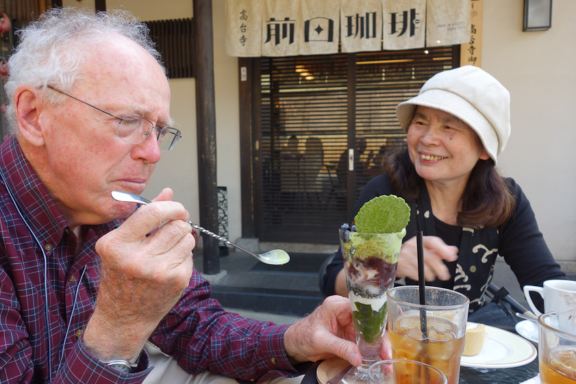Teruko Shibata watching as I attached a huge parfait at Maeda Cafe near our ryokan. We recuperated from our tourist exertions here, before Teruko returned to her home in Kobe.