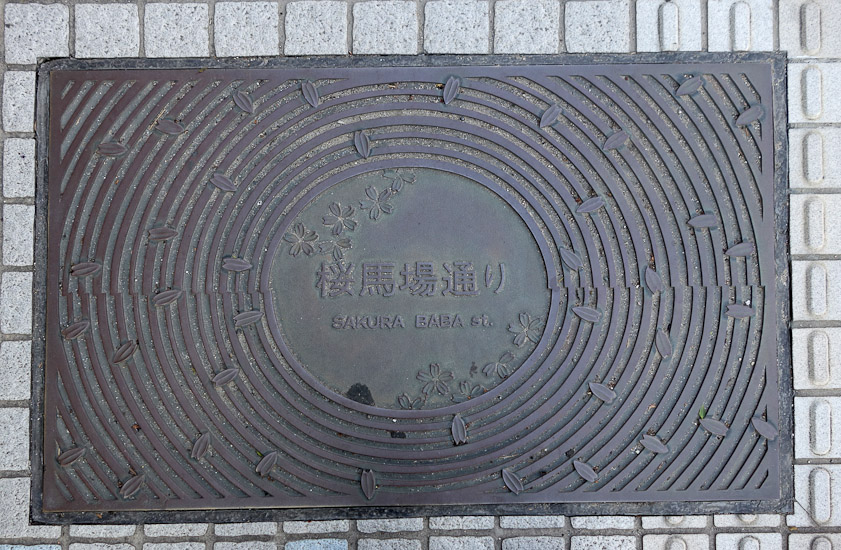 Street marker  in Takaoka on 7 June 2013. I saw this while following our guide from the Daibutsu (Great Buddha) to the train station. The street appears in the novel Soryu no keifu (The lineage of Soryu, Novel) by Kigi Yasuko. It is set during the years from the end of the Tokugawa era through the Meiji era, telling the story of a physician of Dutch medicine in Takaoka and his family. Coming near the opening of the story is a depiction of the street Sakurababa-dori. In the past, it had been a horse-riding ground (baba) lined with cherry trees (sakura).