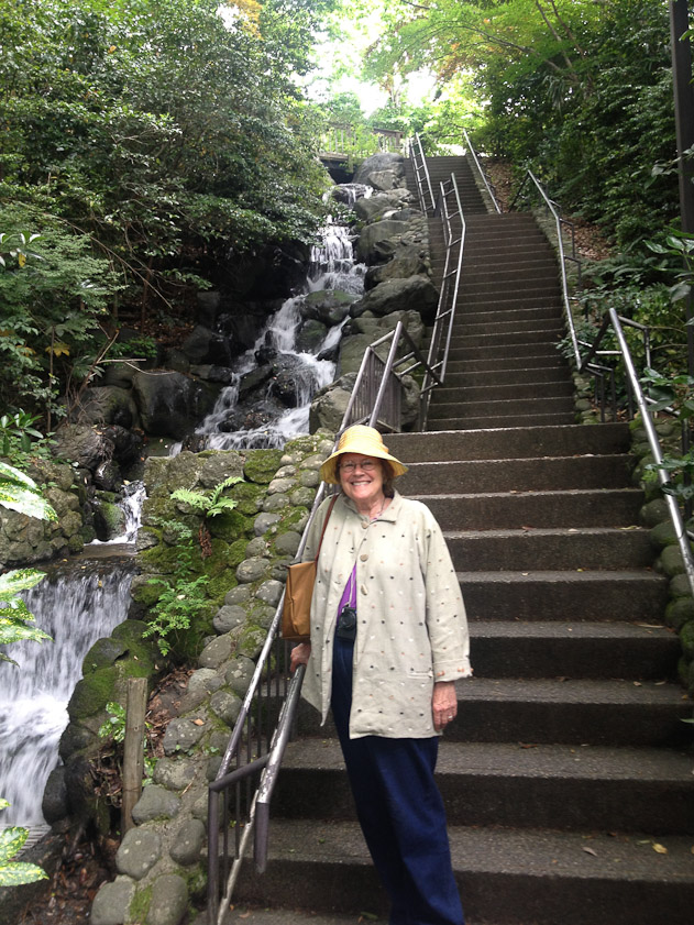 She was not as happy as she looks here at the prospect of climbing all those steps to get to the Ishikawa Prefectural Art Museum in Kanazawa.