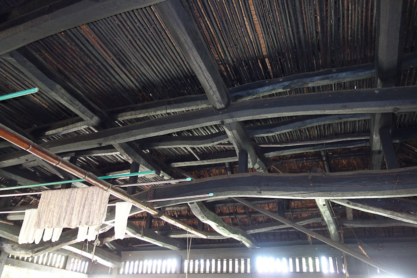 The roof beams above the dye vats are dyed deep blue, but they might also be smoke blackened.