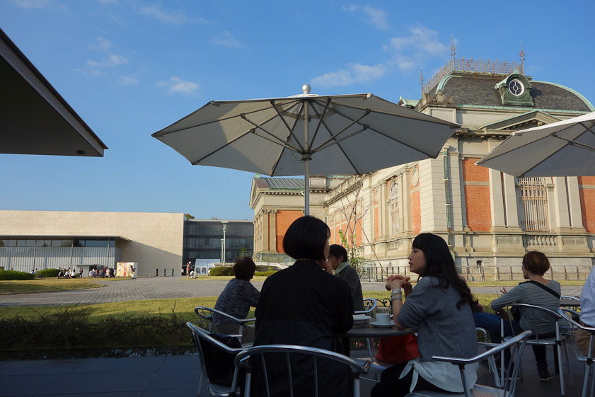 View of the Kyoto National Museum from the cafe. The Rimpa show was in the modern building at left. We visited te older building on the right in previous years, during renovation of the modern galleries.