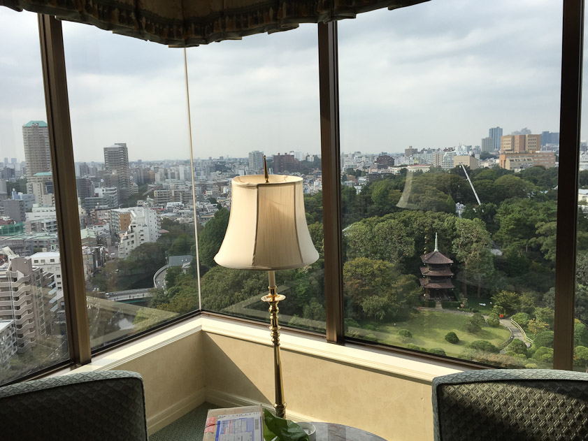 View from our room at the Chinzanso Hotel in TOkyo. The trees and pagoda are in a garden made in the 19c by the owner of the villa where the hotel now stands.