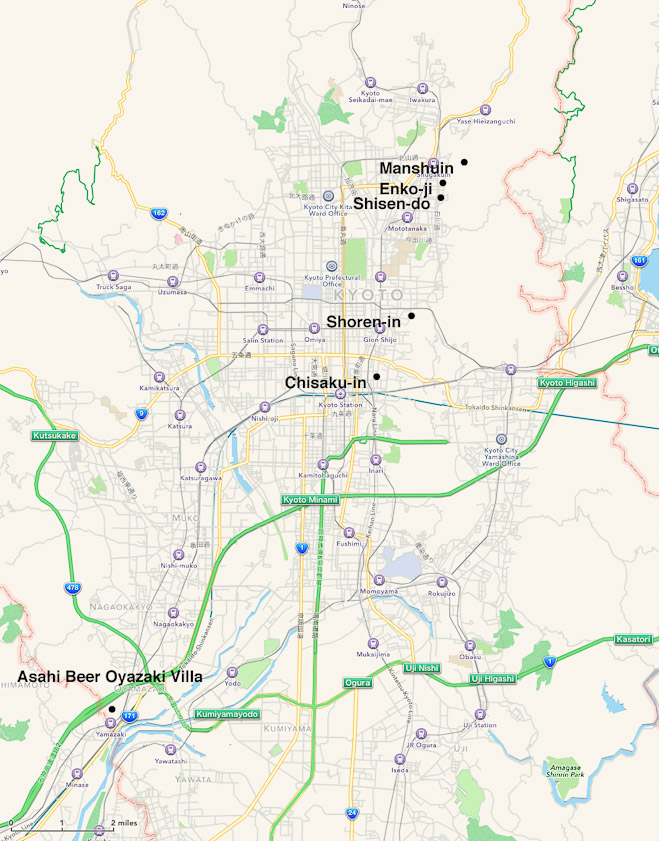 Sights we visited range  from far north to  far south of Kyoto. We used taxis more and busses less on this trip. We stayed at a modern ryokan between Chisaku-in and Shoren-in/