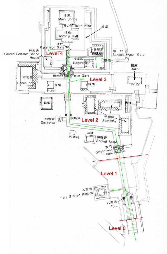 The higher, the holier. The slope from the entrance to Toshogu shrine at Level 0 to Level 1 was gentle, but thereafter there were high, stone steps, sometimes without handrails. From Level 1 to 2: 17 steps. From 2 to 3: 22 steps, no handrail. From 3 to 4: 12 steps, no handrail. From Level 4 to the masoleum (off the map at the top): >200 steps (we didn't try).