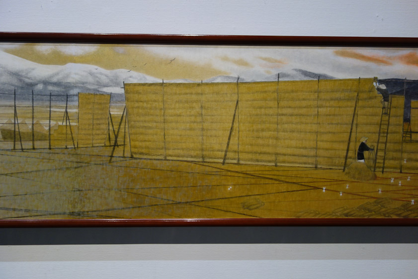 In this panel dragonflies are in front of a screen or drying rack.