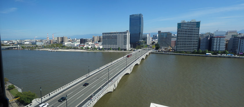 View of Niigata from our room in the Okura Hotel. That is the Bandai Bridge over the Shinano River. The mouth of the river is downstream to the left.