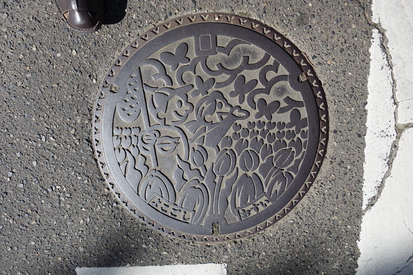 Manhole cover at the Ito Estate in Niigata. Two happy tourists in a field of flowers.