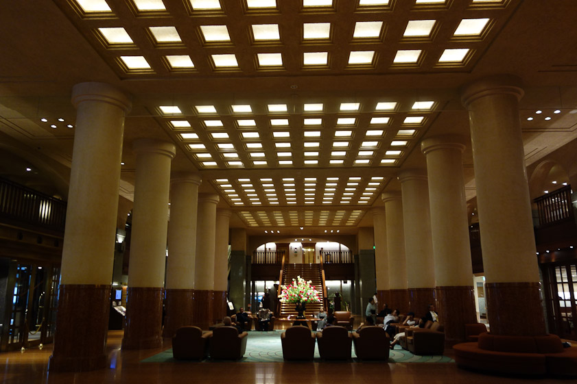 The lobby of the Okura Hotel in Osaka is very imposing.