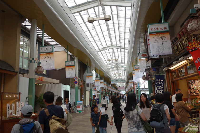 We started the next day with Mayumi by shopping for Japanese flute music on CDs. The Teramaki covered mall in Kyoto is typical of many pedestrian shopping districts in Japan. A street of shops is closed to traffic and covered over.