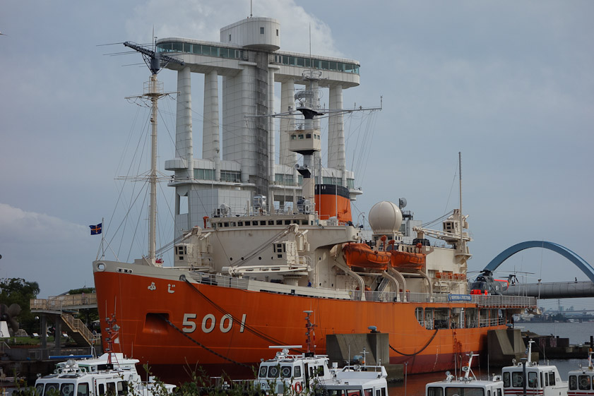 This Japanese Antarctic scientific research ship Fuji is permanently docked near the Port of Nagoya Aquarium, our destinaton on the day we arrived in Nagoya. The tower beyond the Fuji controls traffic in the port.