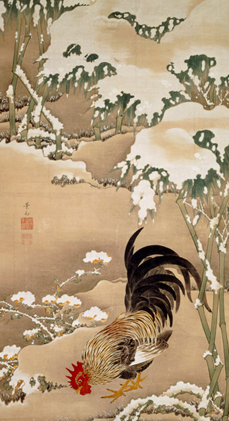 Jakuchū painted realistic annimals, birds, fish and bugs. No photos were allowed in the show, so I downloaded this example of his work.