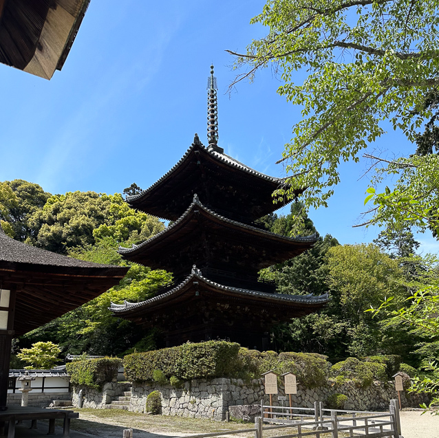 The pagoda was originally at Hisodera Temple (present-day Sesonji Temple) in Yoshino, Nara Prefecture. It was moved by Toyotomi Hideyoshito to his Fushimi Castle and moved by Ieyasu Tokugawa to Miidera in 1601.