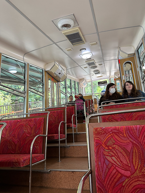 The Sakamoto Cable, officially the Hieizan Railway Line, is the longest cable railway in Japan. It is 2.0 km long and rises 484 meters, a 24% grade. The tracks and the cars are tilted up 14 degrees.