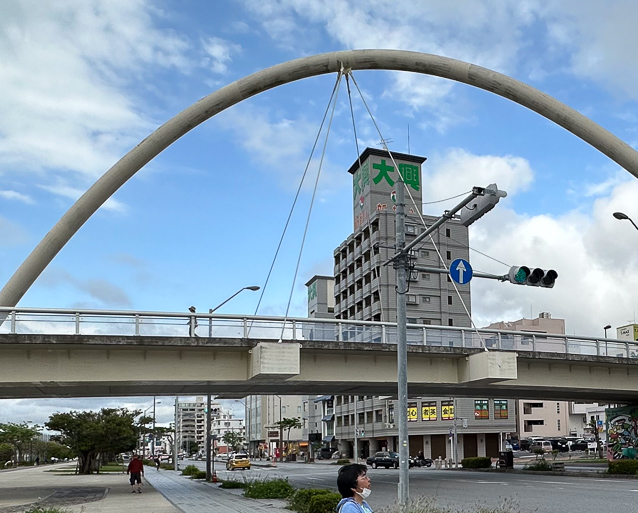 Four cables from the apex of the arch support the center of the walkway.