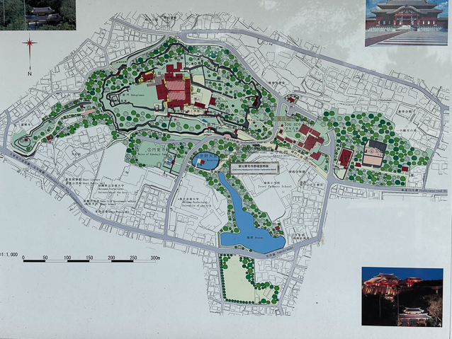 After lunch we took a taxi to Shurijo, the castle of the fprmer Ryukyu Kingdom.The principal historic buildings are the red cluster at center top within two rings of walls. The inner walls were built in  early 15c, and the outer walls in mid-16c.The modern visitor center is in the brown cluster at right center.