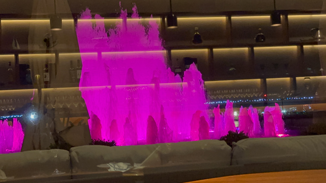 We ate dinner in the bar, with an illuminated fountain dance outside. The golden lines are reflections off the bar windows of the interior lights.
