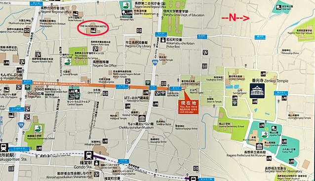 Our hotel (circled in red on this map) was 0.8 miles from the main hall of Zenko-ji Temple.