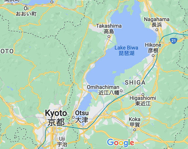 The dotted lines are prefectural boundaries. Otsu, capital of Shiga Prefecture, is 10 minutes by train east of Kyoto. We visited Nagahama (upper right) with our friend from Kobe on 21 April.